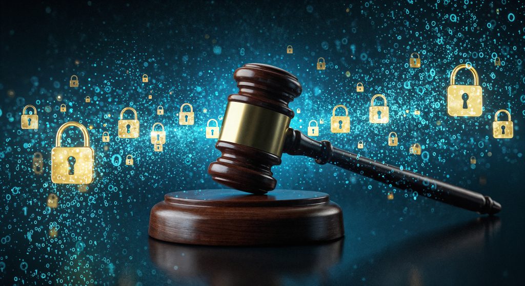Maillet de justice posé sur un socle entouré d’icônes de cadenas symbolisant la cybersécurité et la protection des données