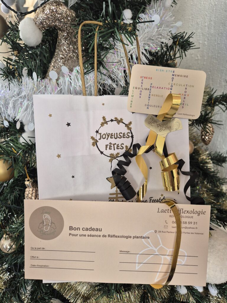 Carte cadeau de réflexologie Laeti Réflexologie présentée dans un sac cadeau devant un sapin de Noël.